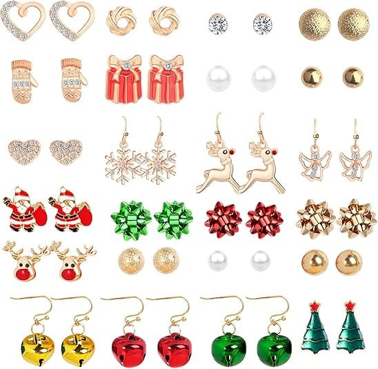 24-Pair Christmas Stud Earrings Set for Women