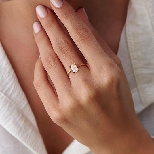 Dainty Baguette Birthstone Stackable Gold Rings